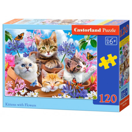Puzzle - Koťata v květinách, 120 dílků